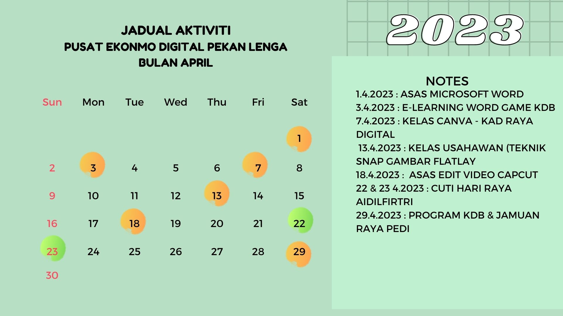 JADUAL AKTIVITI BULAN APRIL 2023