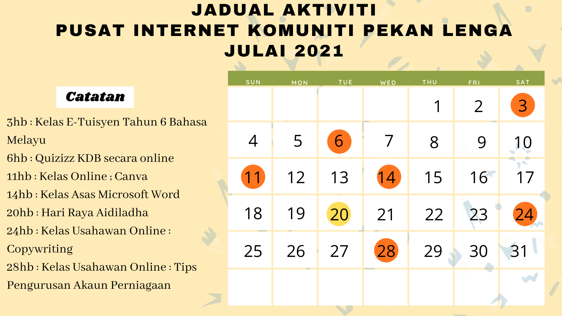 Jadual Aktiviti Bulan Julai 2021