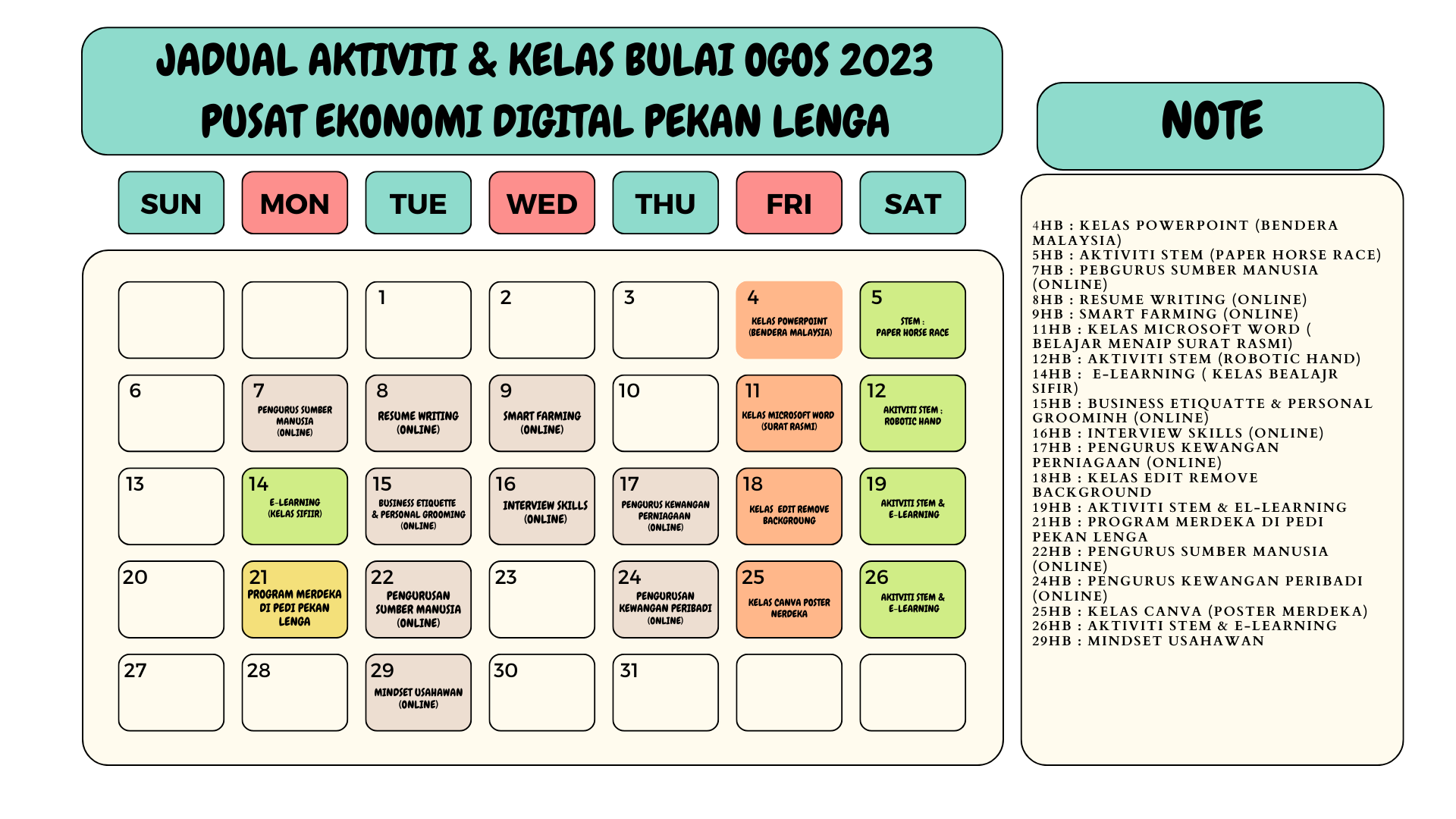 Jadual Aktiviti Bulan Ogos 2023