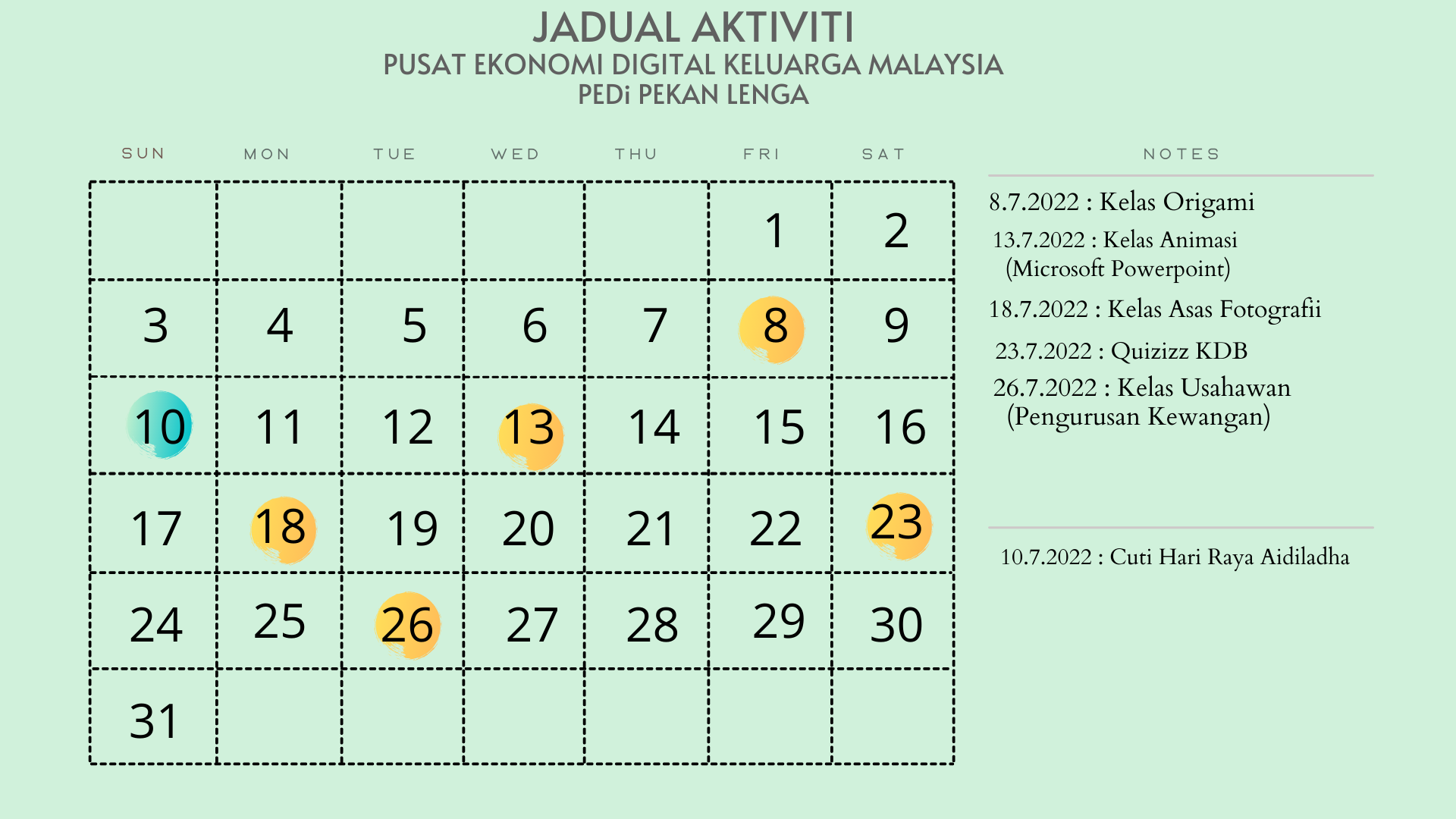 Jadual Aktviti bulan Julai 2022